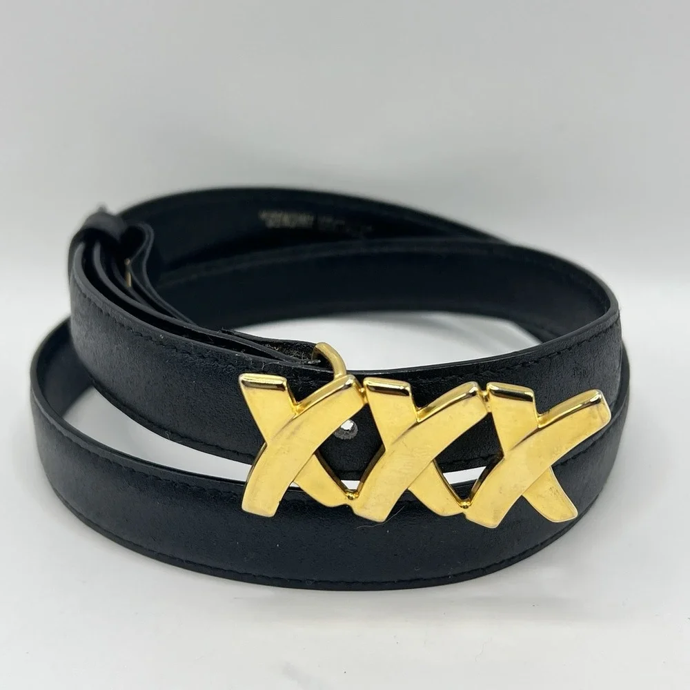 VTG Paloma Picasso Black Leather Belt Triple XXX Gold Tone Buckle S/70 Italy